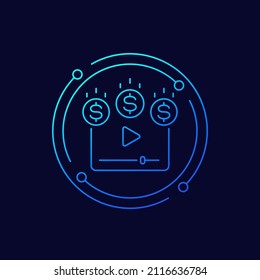 Video monetization, earn money for video content line vector icon