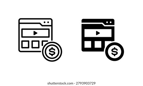 Video Monetization Icons, Dual Style Icon Pack for web banners, print materials, presentations, and digital media.