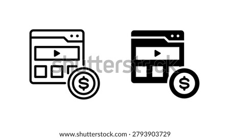 Video Monetization Icons, Dual Style Icon Pack for web banners, print materials, presentations, and digital media.