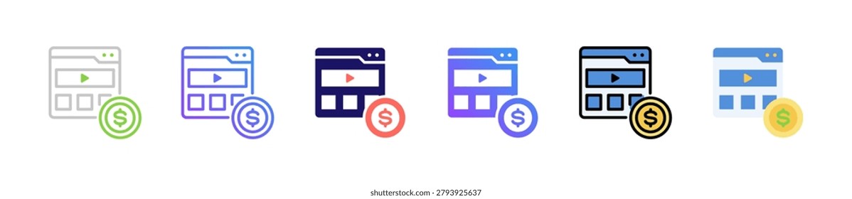 Video Monetization Icons, Multi Style Icon Pack for web banners, print materials, presentations, and digital media.