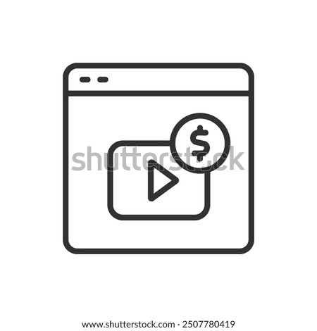 Video monetization, in line design. Monetization, Video ads, Video revenue, YouTube, Streaming income, AdSense, Sponsorship on white background vector. Video monetization editable stroke icon