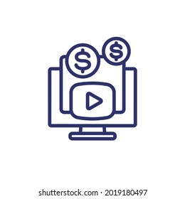 Icono de línea de monetización de vídeo en blanco