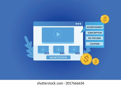 Video monetization option vector illustration and showing coins on the website with video concept with monetize feature.