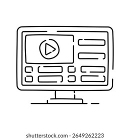 Video Monitor Outline Doodle style, computer screen with media controls representing video editing, great for videography, film, or digital content creation.
