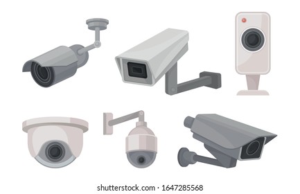 Video Monitoring Cameras and Equipment for Security System Vector Set