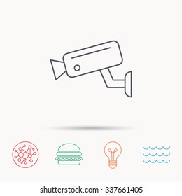 Video monitoring icon. Camera cctv sign. Global connect network, ocean wave and burger icons. Lightbulb lamp symbol.