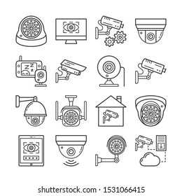 Video monitoring linear icons set. Different security surveillance camera, cctv thin line editable stroke vector signs isolated on white background