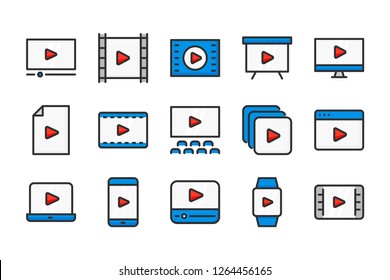 Video and movie color line icons. Multimedia and TV vector linear colorful icon set. Isolated icon collection on white background.