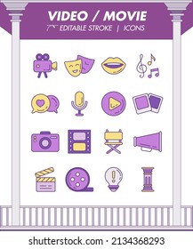 Video Movie editable flat color line icons illustration set. 