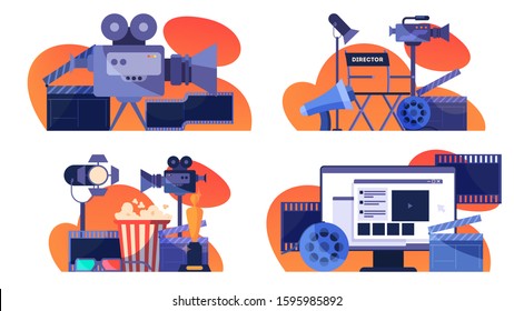 Video or movie production concept. Idea of shooting film, cinema industry. Clapper and camera, equipment for film making. Isolated vector illustration in cartoon style