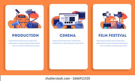 Concepto de producción de video o película. Idea de filmar películas, cine. Aparatos para la producción de películas. Ilustración vectorial aislada en estilo caricaturista. Conjunto de banners web