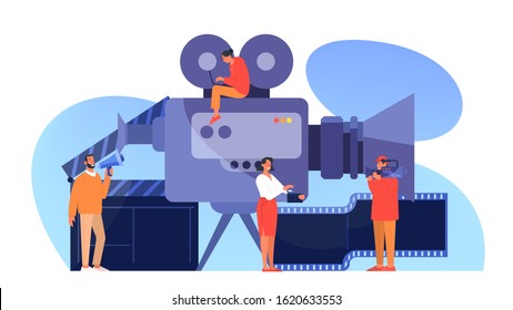 Video or movie production concept. Idea of shooting film, cinema industry. Clapper and camera, equipment for film making. Isolated vector illustration in cartoon style