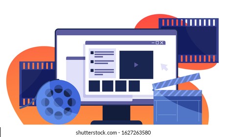 Video or movie production concept. Idea of editing film, cinema industry. Clapper and camera, equipment for film post-production. Isolated vector illustration in cartoon style