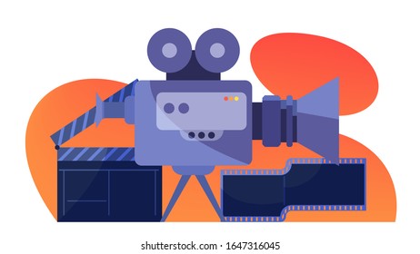 Video or movie production concept. Idea of shooting film, cinema industry. Clapper and camera, equipment for film making. Isolated vector illustration in cartoon style