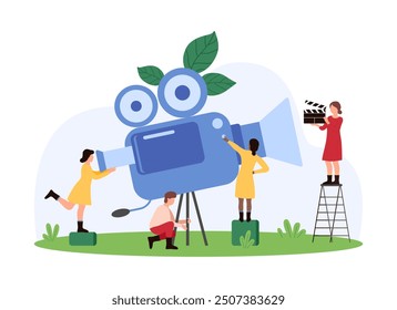 Video and movie, TV show and news reportage production, film making. Tiny people of videographers and journalist team record video with professional camera and clapperboard cartoon vector illustration