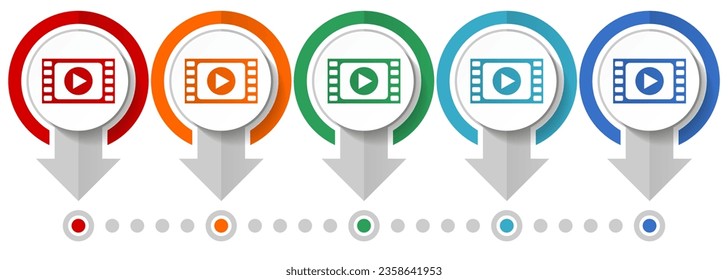 Video, movie vector icon set, flat design infographic template, set pointer concept icons in 5 color options for webdesign and mobile applications