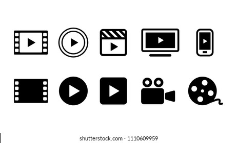 Video Movie Vod Streaming Button Icon Set Vector Illustration. White Black Color.