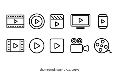 Video movie vod streaming button icon set line vector illustration. White black color.