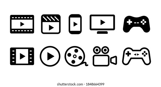 Video movie vod streaming button play button icon set vector illustration. White black color