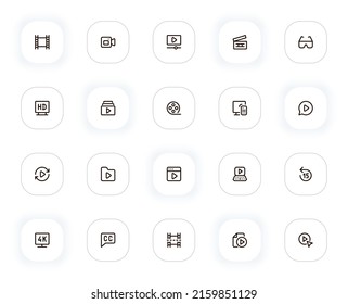 Iconos de línea de vídeo y películas. Película de carrete, reproductor, tablero de papel, gafas 3d, subtítulos, cine. Pictogramas de contorno vectorial para web y ui, ux diseño de aplicaciones móviles. Stroke editable. 24x24 Pixel Perfecto.