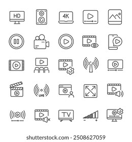 Coleção de ícones de linha de multimídia de vídeo. Para design de marketing do site, logotipo, aplicativo, modelo, iu, etc. Ilustração vetorial.