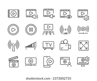 Iconos de línea multimedia de vídeo. Para diseño de marketing de sitios web, logotipo, aplicación, plantilla, ui, etc. Ilustración vectorial.