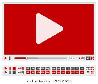 Video multimedia player flat design for web browser, vector red template