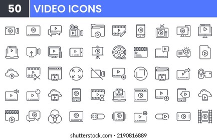 Juego de iconos de línea vectorial de vídeo y multimedia. Contiene iconos de contorno lineales como Película, Reproductor de medios, cámara, cine, pantalla, TV, película, proyector, videocámara. Uso editable y trazo.