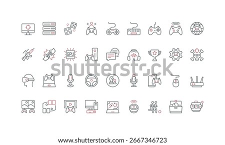 Video and multiplayer game, genres and player equipment, computer gaming line icon set. Ergonomic chair and headphones, speakers, controller thin black and red outline symbols vector illustration