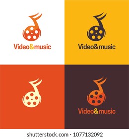 Video and Music Logo and Icon. Video Illustration. Playful logo featuring a reel icon that is also a note icon.