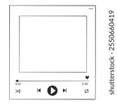 Video music player display frame, line doodle bar with buttons, progress line, sound. Hand drawn border, media window. Panel icon,