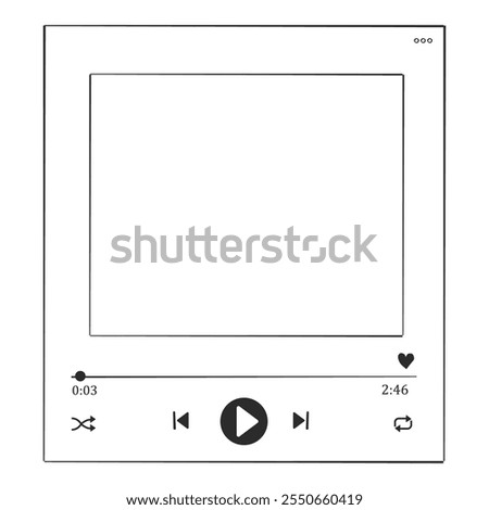 Video music player display frame, line doodle bar with buttons, progress line, sound. Hand drawn border, media window. Panel icon,