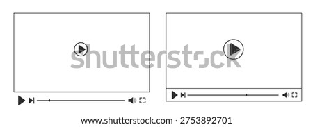 Video music player display frame, line doodle bar with buttons, progress line, sound. Hand drawn border, media window. Panel icon,