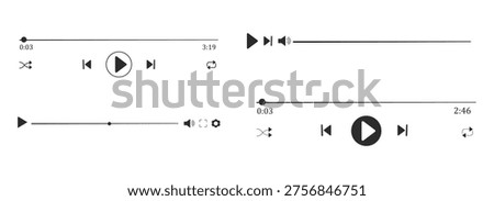 Video music player display frame, line doodle bar with buttons, progress line, sound. Hand drawn border, media window. Panel icon,