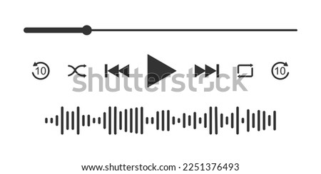 Video or music player interface with loading progress bar, equalizer wave and differet button icons. Simple mediaplayer panel template for mobile app. Vector graphic illustration