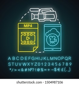 Video neon light concept icon. Shooting movie idea. Videoclips, films. Videorecording, filming, video production. Glowing sign with alphabet, numbers and symbols. Vector isolated illustration