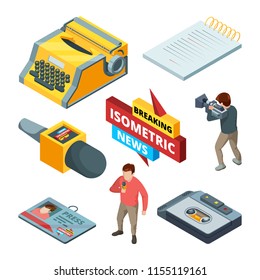 Video news and journalistic. Isometric pictures set of blogging and news symbols. Video journalist, media camera, multimedia live illustration