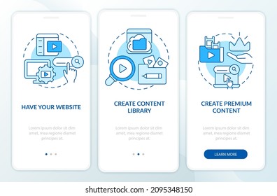 Video on demand blue onboarding mobile app screen. Content distribution walkthrough 3 steps graphic instructions pages with linear concepts. UI, UX, GUI template. Myriad Pro-Bold, Regular fonts used