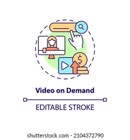 Video On Demand Concept Icon. Earn Money From Subscription Abstract Idea Thin Line Illustration. Isolated Outline Drawing. Editable Stroke. Roboto-Medium, Myriad Pro-Bold Fonts Used