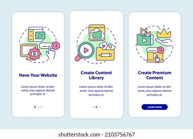 Video on demand onboarding mobile app screen. Content distribution walkthrough 3 steps graphic instructions pages with linear concepts. UI, UX, GUI template. Myriad Pro-Bold, Regular fonts used
