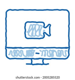Vídeo al mostrar el vector de icono de esbozo. Dibujo de la línea de doodle azul dibujado a mano ilustración de símbolo aislado