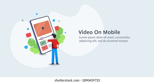 Video en el móvil, aplicación de video para smartphone, Viendo videos en el móvil, video post de medios sociales - ilustración conceptual de la página de aterrizaje vectorial con iconos