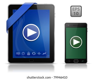 Video en dispositivos móviles. Tablet PC y teléfono inteligente. ilustración vectorial EPS10