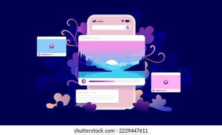 Video on mobile phone screen - Smartphone with movie windows and viral content elements popping out on dark decorative background. Semi flat colourful vector illustration