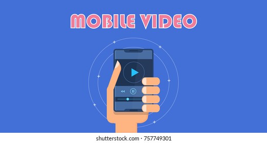 Video on mobile screen, Mobile video player, Hand holding mobile flat vector concept isolated on blue background