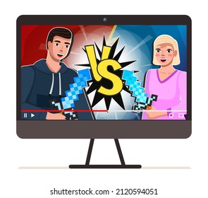 Video on the monitor screen. A man with a sword in his hands fights a girl with blond hair. People are smiling and filming content on YouTube. Computer isolated on white background vector illustration