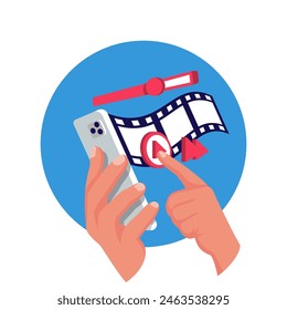 Video on phone. Video player on smartphone. Hand holds phone. Streaming technologies. App on phone for watching movies. Vector illustration flat design. 