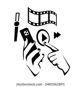 Video on phone. Video player on smartphone. Hand holds phone. Streaming technologies. App on phone for watching movies. Vector illustration flat design. 