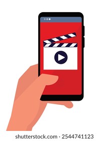 Video on phone. Video player on smartphone. Hand holds phone. stock illustration