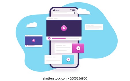 Video on smartphone - Phone with internet and online videos and text elements popping out. Vector illustration with white background.